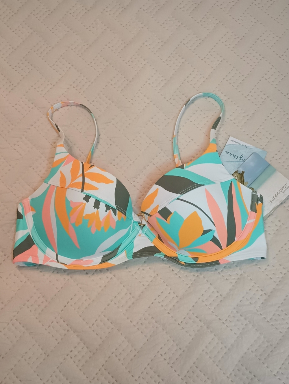 Sunseeker Tropical Print Underwire Bikini Top in Teal & Coral 34C